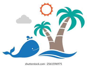 palm tree under sun on tropical island with swim jump whale in sea waves icon