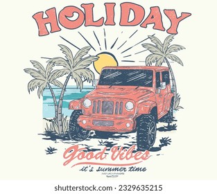 Palm tree vector. Beach holiday time. Have a good holiday time. Surfing paradise art print t-shirt design.