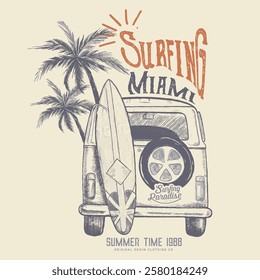 Palm tree vector. Beach holiday time. classic Vintage car Surfing paradise art print t-shirt design. Long beach, summer vibes hand draw, summer slogan with beach illustration, Hawaii, Aloha surf