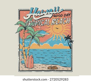 Projeto de vetor de palmeira. Clube de surfe de praia do Havaí. Bem-vindo ao paraíso do Havaí. Design gráfico de impressão das vibrações de verão. Trabalho artístico dos bons dias do verão.
