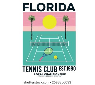 Palm tree vector design. Tennis court graphic design. Florida tennis club artwork for t shirt, posters, stickers, background and others. Tennis champions team. Athletic club art.