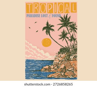 Diseño de Vector de palmera. Bienvenido al paraíso. Diseño de impresión gráfica de vibraciones de verano. Ilustraciones de los buenos días de verano. Obra de arte del paraíso tropical.