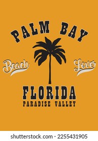 palm tree vector drawing. City name written in tropical retro font style.