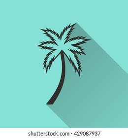 Palm tree vector icon with long shadow. Black illustration isolated on green background for graphic and web design.