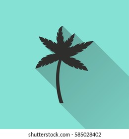 Palm tree vector icon with long shadow. Black illustration isolated on green background for graphic and web design.