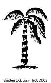 Palm tree vector illustration - grunge ink painting in vintage engraving style. Hand drawn palm tree - black and white graphic artwork. Palm tree as symbol of south, tropic, travel, adventure.