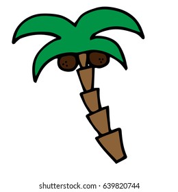 Palm tree vector illustration with two coconuts. Palm tree cartoon doodle drawing.