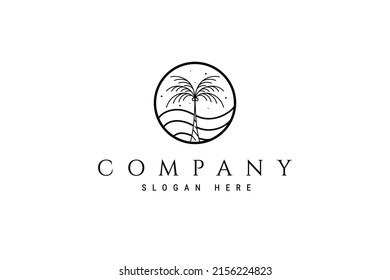 Palm tree vector logo in circle frame on beautiful beach background