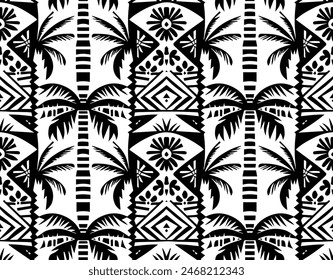 Palm Tree Vektorgrafik Print Design, Sommerpalmen, tropisch gezeichnete Illustrationen, tropisches Surfkonzept, Urlaub und Reisen, Palmen und Hippie Boho Elemente. mexikanisch, Folk, Azteken, Aborigines-Stil