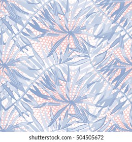 Palm tree vector seamless pattern. Watercolor hawaiian print. Swimwear pattern. Halftone background with rainforest plants. Spring - summer fashion ornament.