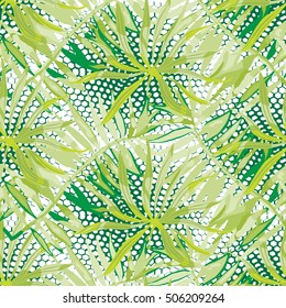 Palm tree vector seamless pattern. Watercolor hawaiian print. Swimwear pattern. Halftone background with rainforest plants. Spring - summer fashion ornament.