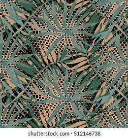 Palm tree vector seamless pattern. Watercolor hawaiian print. Swimwear pattern. Halftone background with rainforest plants. Spring - summer fashion ornament.