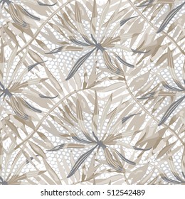 Palm tree vector seamless pattern. Watercolor hawaiian print. Swimwear pattern. Halftone background with rainforest plants. Spring - summer fashion ornament.