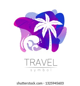 Palm tree vector silhouette at liquid background. Palma symbol, violet, blue modern style of color. Logotype for travel, tourism and trip agency. Identity, brand, logo, concept for web. Summer icon.