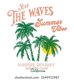 Palm Tree Vector. Summer vintage graphic print design. Beach vibes with board print design. Summer hand drawn print, sunset or sunrise tropical palm beach, long beach slogan text print. Hand sketch