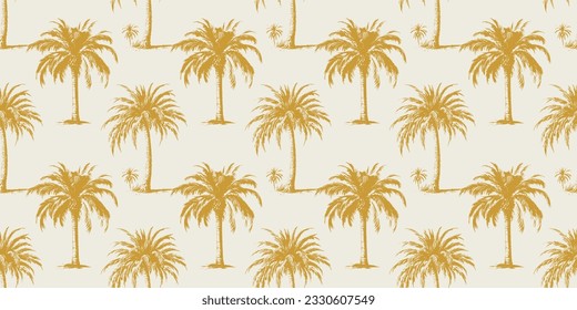 Palm Tree Vintage Botanical Pattern Vector Illustration Yellow And White Textile Background