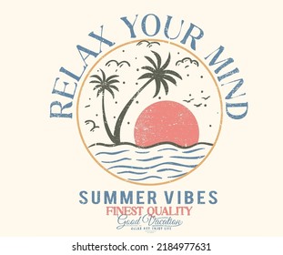 Palm tree vintage graphic print design for t shirt   others  Beach adventure  background  Summer vibes illustration  Feel the sunset 