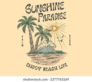 Palm tree vintage print artwork. Beach hand sketch graphic print design for t shirt print, poster, sticker, background and other uses. Enjoy beach life. Sunny day at the beach. Ocean big wave.