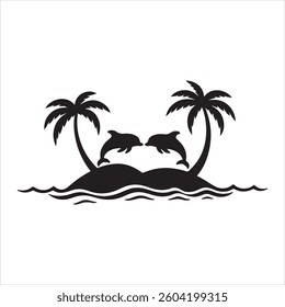 A palm tree is in the water and dolphins silhouette 