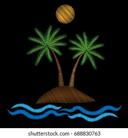 Palm tree with water wave and sun embroidery stitches imitation on black background. Embroidery illustration with exotic palm tree. 