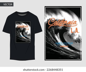 Palm tree and wave island print design for t shirt print, poster, sticker, background and other uses. Beach vibes with surfing board vintage print design. Men and women t shirt print chill out