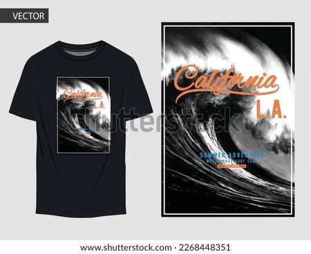 Palm tree and wave island print design for t shirt print, poster, sticker, background and other uses. Beach vibes with surfing board vintage print design. Men and women t shirt print chill out