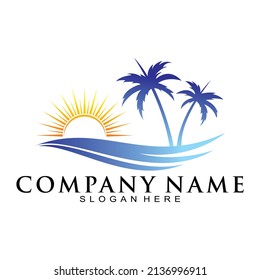 Palm tree with wave and sun illustration vector logo