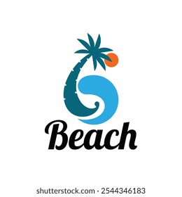 Palm tree wave with sun logo design