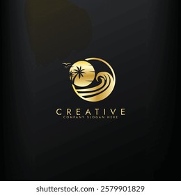 Palm tree wave travel gold logo set Wave beach palm logo design icon combination Vector illustration