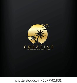 Palm tree wave travel gold logo set Wave beach palm logo design icon combination Vector illustration