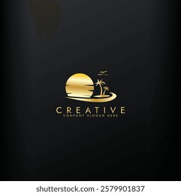 Palm tree wave travel gold logo set Wave beach palm logo design icon combination Vector illustration
