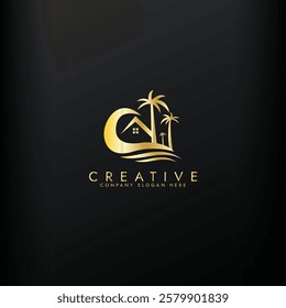 Palm tree wave travel gold logo set Wave beach palm logo design icon combination Vector illustration