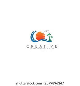 Palm tree wave travel logo set Wave beach palm logo design icon combination Vector illustration