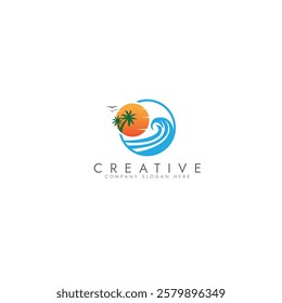 Palm tree wave travel logo set Wave beach palm logo design icon combination Vector illustration