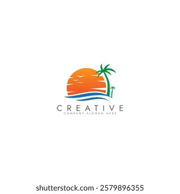 Palm tree wave travel logo set Wave beach palm logo design icon combination Vector illustration