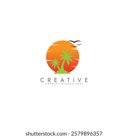 Palm tree wave travel logo set Wave beach palm logo design icon combination Vector illustration