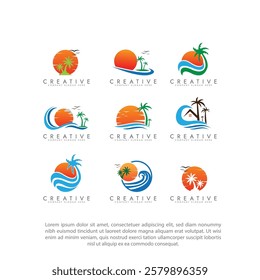 Palm tree wave travel logo set Wave beach palm logo design icon combination Vector illustration
