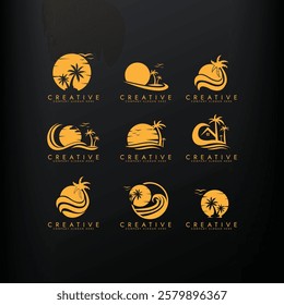 Palm tree wave travel logo set Wave beach palm logo design icon combination Vector illustration