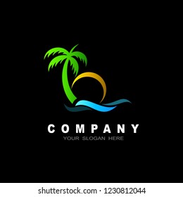 palm tree, wave water logo template, island icon
