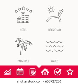 Palm tree, waves and deck chair icons. Hotel linear sign. Edit document, Calendar and Graph chart signs. Star, Check and House web icons. Vector