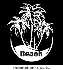 Palm tree and waves of a night beach. vector illustration.