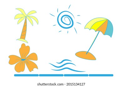palm tree, waves, sun, umbrella, island. summer. design elements.vector graphics.isolated on a white background.