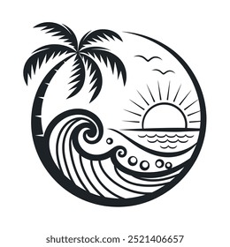 Palm tree, waves swa, and sunset in circular design, vector flat logo illustration