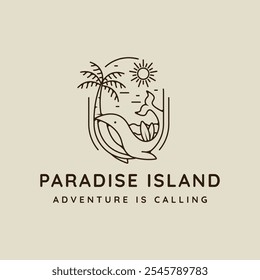 palm tree and whale logo line art simple minimalist vector illustration template icon design. paradise island and coconut tree with surfing beach sign or symbol and creative badge