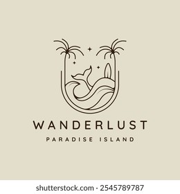 palmeira árvore e cauda baleia logotipo linha arte simples vetor minimalista ilustração modelo ícone design. ilha paraíso e coqueiro com praia de surfe no sinal ou símbolo da noite e crachá criativo