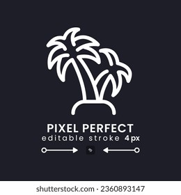Palm tree white linear desktop icon on black. Summer vacation. Tropical island. Tourism and travel. Pixel perfect, outline 4px. Isolated user interface symbol for dark theme. Editable stroke