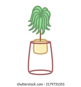 Palmera en olla amarilla en un estrado. Ilustración dibujada a mano al estilo de las caricaturas. Vector aislado sobre fondo blanco.