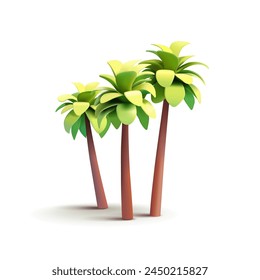 Palm trees 3D. Green realistic palm trees on a white background for design advertising summer vacation, vacation, beach, coconut drinks, exotic trees, and flora. Vector illustration