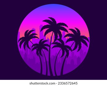 Palm trees against the backdrop of the city and the gradient sun. City skyline with skyscrapers at sunset. Outlines of tropical palm trees at sunset. Design for banner and poster. Vector illustration