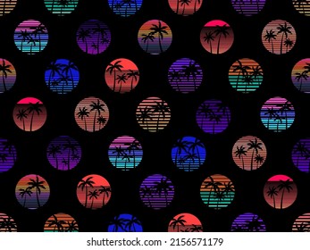 Palm trees against the backdrop of the sun in retro 80s style. Retro futuristic sun with palm trees. Tropical pattern with gradient colors. Design for banner and promotional item. Vector illustration